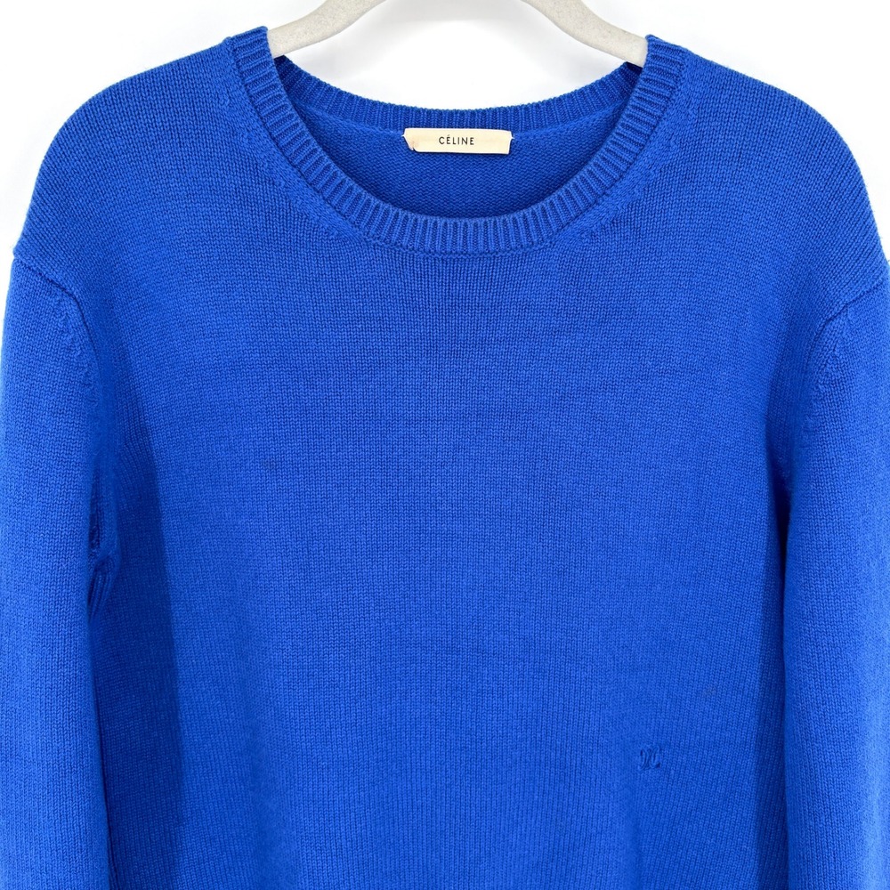 Celine Cashmere Crewneck Knit Sweater Blue Triomphe Logo Embroidered Pullover M - Picture 8 of 16